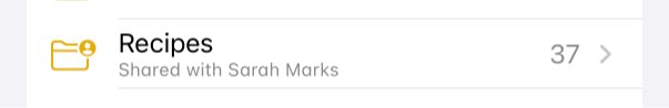 Shared recipes folder in the Notes app.