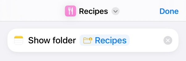 Shortcuts workflow showing a Notes “Show folder Recipes” action step.