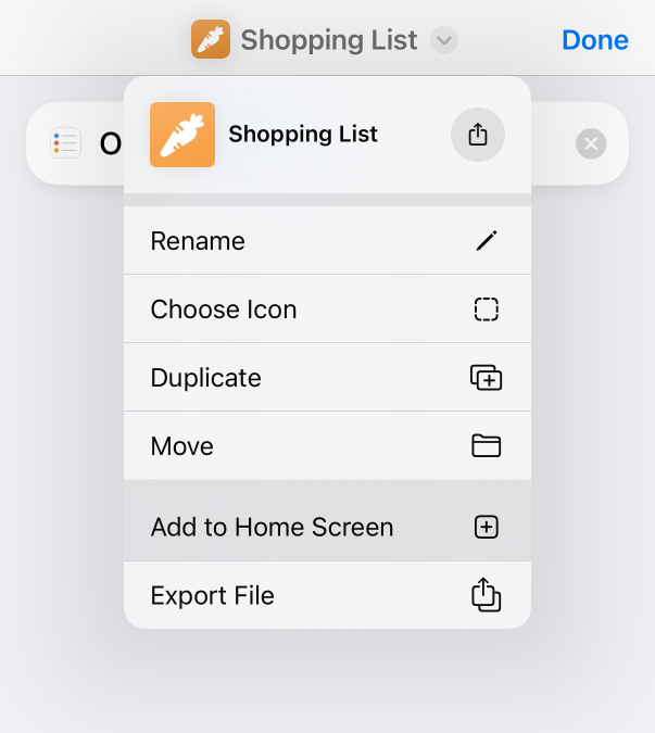 Shortcuts menu showing option to “Add to Home Screen".
