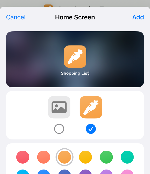 Shortcuts app showing editable icon view.