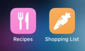 iPhone Home Screen with Recipes and Shopping List icons.