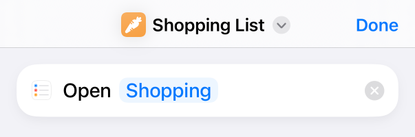 Shortcuts workflow showing a Reminders “Open Shopping” action step.