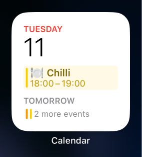 Calendar widget showing the dinner event created by the shortcut.