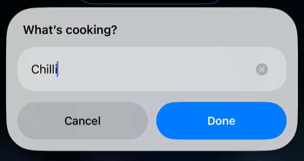 Shortcut text entry action asking "What's cooking?"